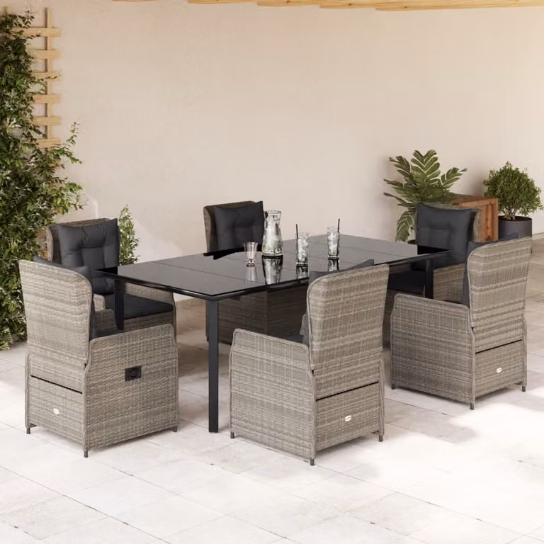 Set da pranzo da giardino vidaXL in polyrattan e vetro con 7 pezzi, grigio e nero