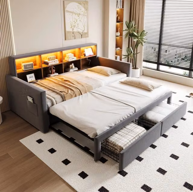 Letto Divano Estraibile 90x190 cm in Velluto Grigio Scuro con Contenitori Integrati, LED e Prese USB