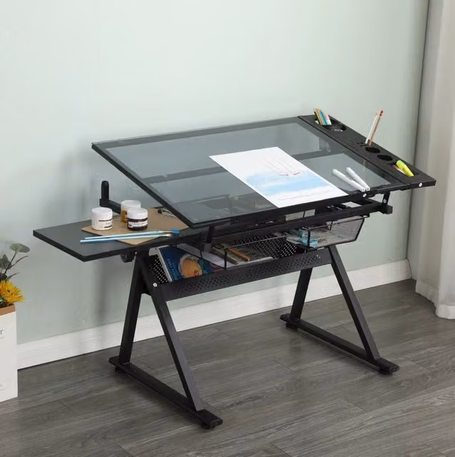 Tavolo da disegno regolabile in vetro temperato con sedia nero
