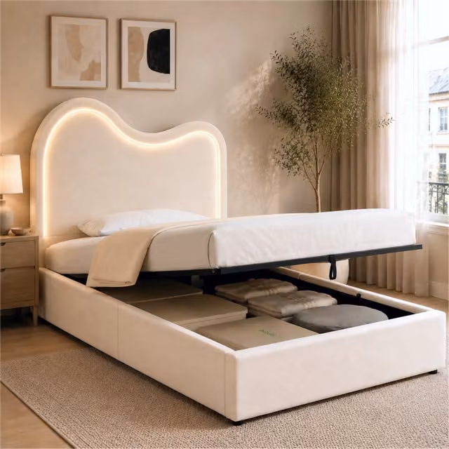 Letto per bambini 90 × 200 cm 1 posto con vano idraulico, luce multicolore e testiera in velluto, senza materasso
