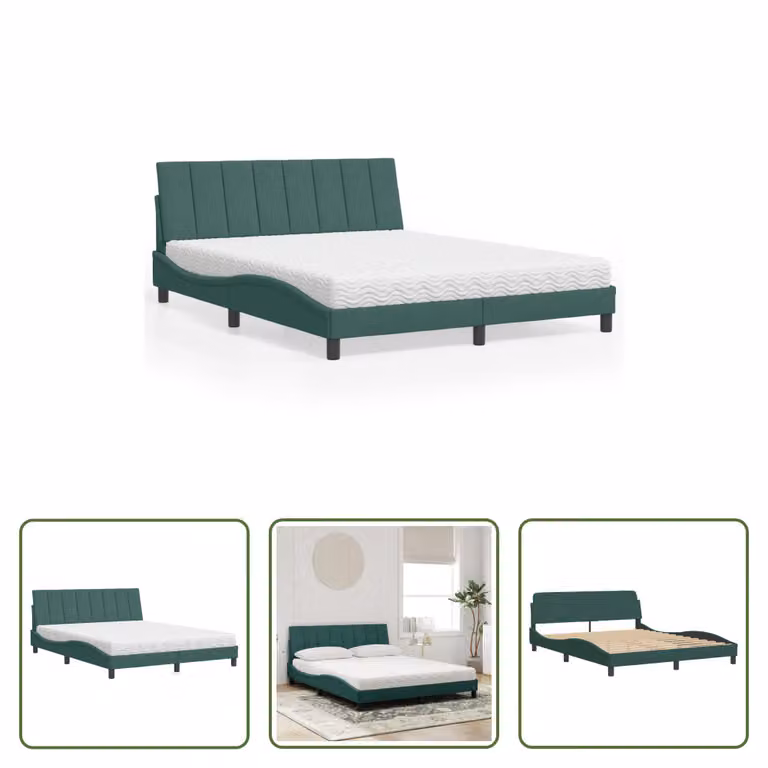 The Living Store Letto con materasso in velluto verde scuro 160x200 cm