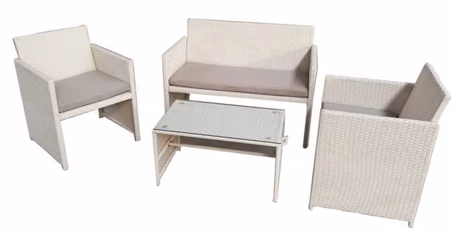 Salotto da esterno divano, due poltrone e tavolino, Polyrattan bianco, cuscini grigio chiaro Fredi Cileva