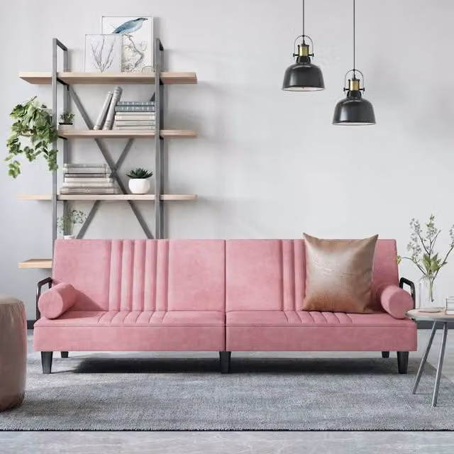 Divano Letto Click Clack vidaXL in Velluto Rosa con Cuscini e Poggiatesta Regolabile L/P/H: 205 x 100 x 70 cm – 1