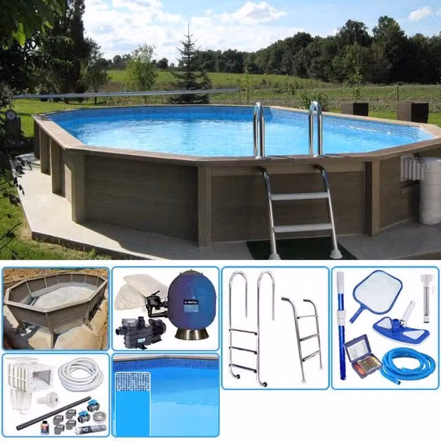 Piscina interrata rettangolare NATURALIS in pietra ricostruita effetto legno, colori blu e marrone, L: 635 cm, P: 472 cm, H: 140 cm, con filtrazione a sabbia