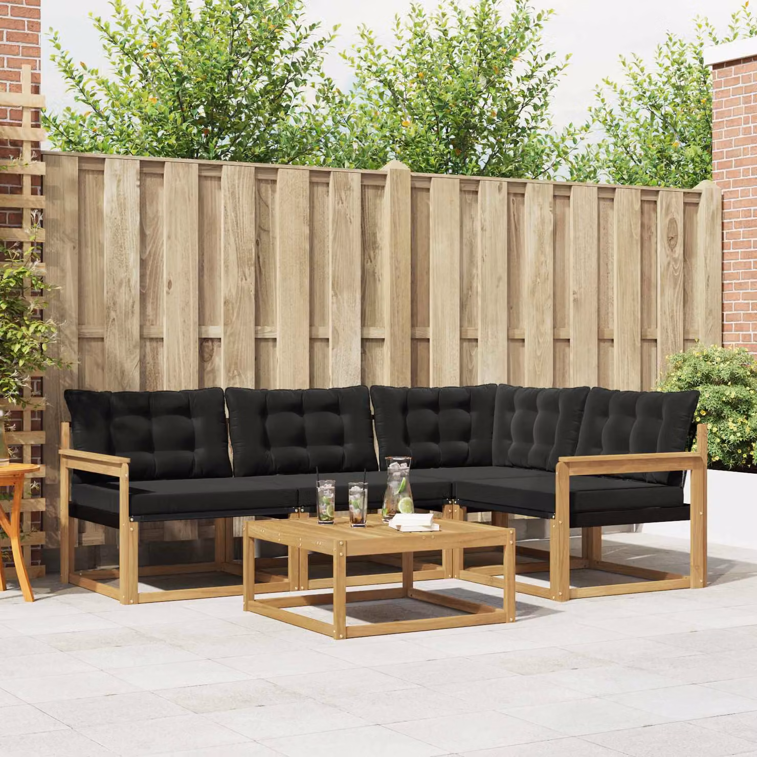Set di divani da esterno vidaXL 5 pezzi in legno di acacia con tavolo da caffè, colore bianco, nero e marrone