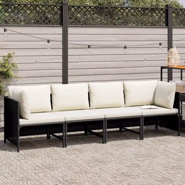 Divano da giardino a L con cuscini vidaXL nero e bianco in rattan e metallo