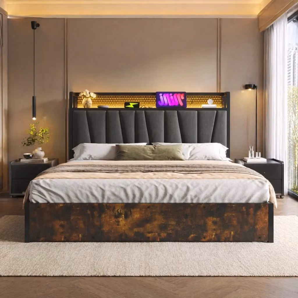 Letto contenitore Mivray in lino grigio con testiera LED RGBW, porte USB e rete a doghe in legno, L/P: 180 x 200 cm – 2