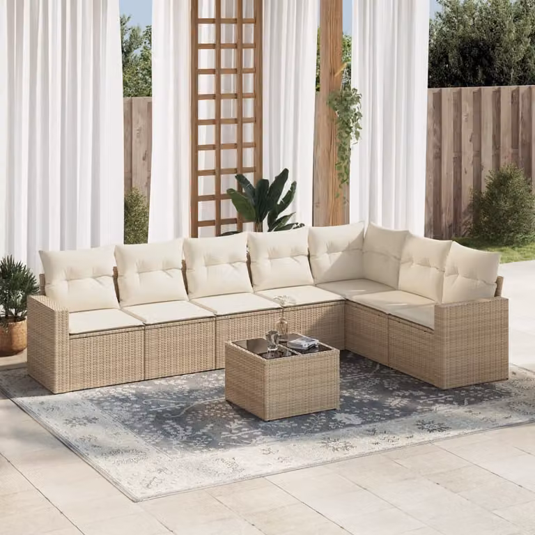 vidaXL Set Divano da Giardino a L 8 pz in Polyrattan con Cuscini Beige e Tavolino in Vetro