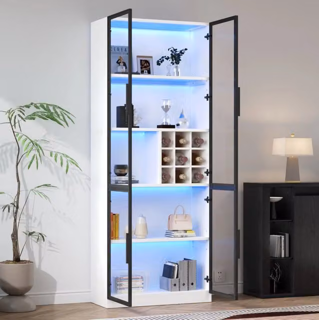 Vetrina ULEVR 80x35x200 cm con 2 ante in vetro, portabottiglie e LED USB controllato da app, bianca