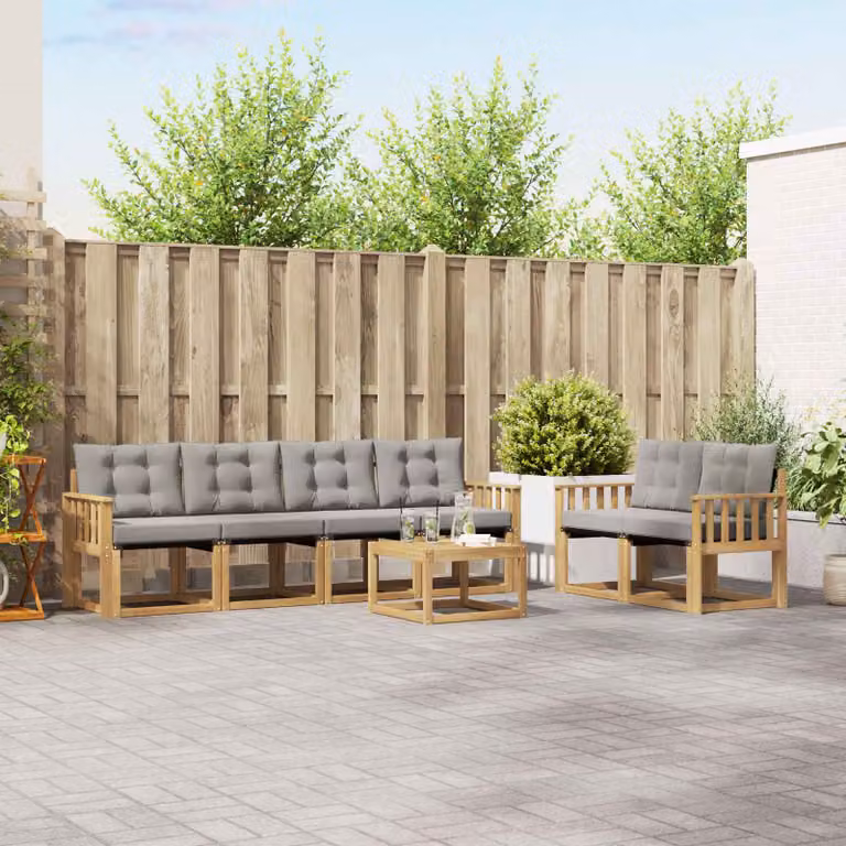 vidaXL Set di divani da esterno 7 pezzi in legno di acacia con tavolino e cuscini, Bianco, Grigio e Marrone