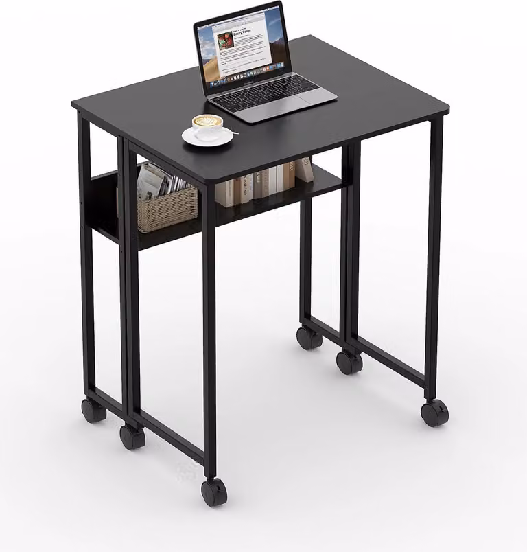 Scrivania pieghevole con rotelle - Tavolino per laptop - Compatta per spazi ridotti - Con ripiano - Legno - Facile da montare - Grigio chiaro