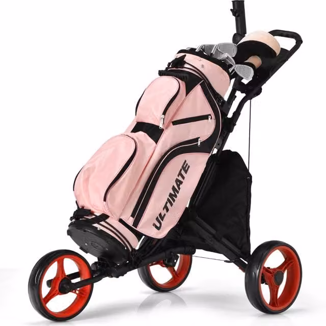 Carrello da golf a spinta con 3 ruote, Carrello pieghevole con borsa rivestita in alluminio cinghia Rosso-Golf