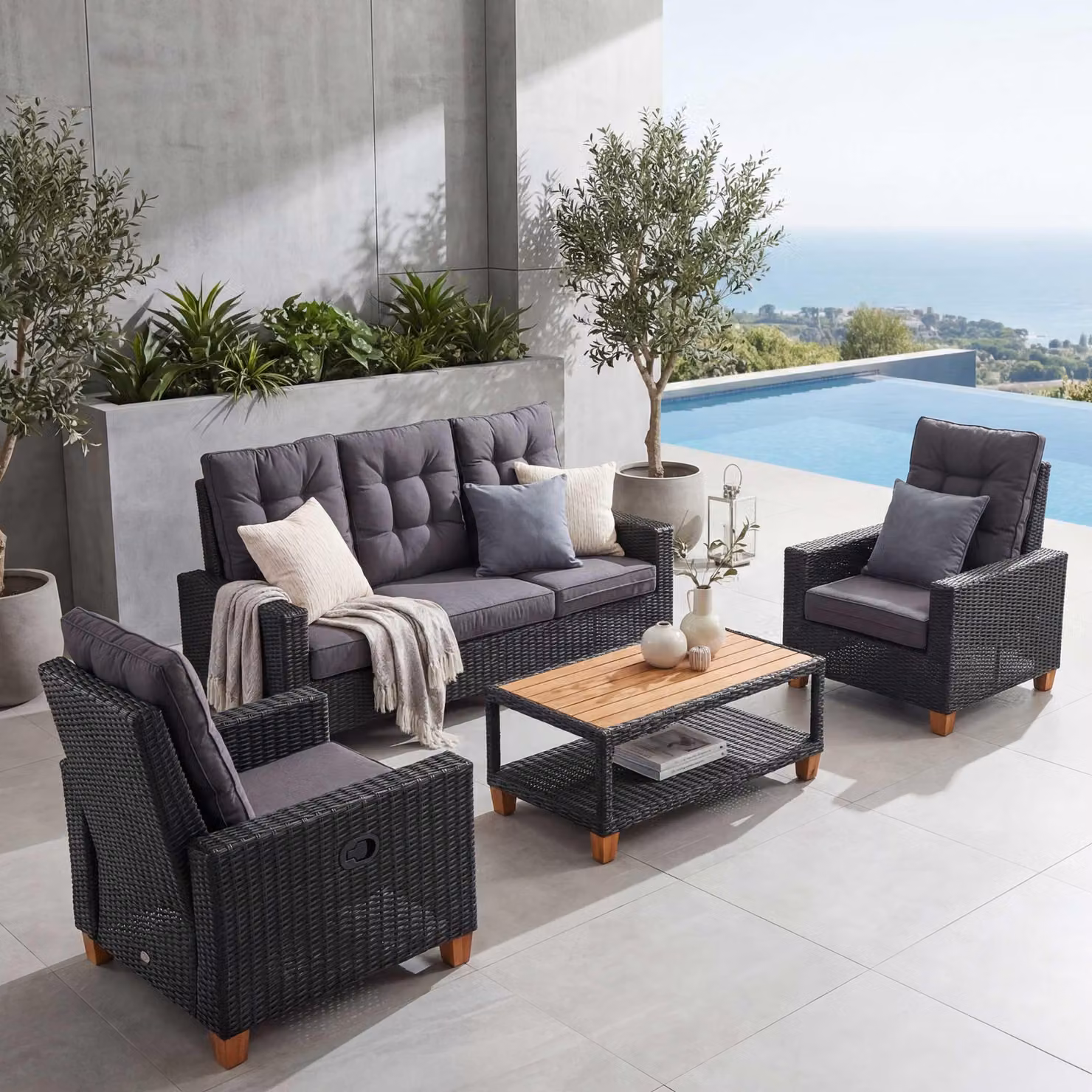Set da giardino HWC-G28, set da salotto, rattan semicircolare in legno d'acacia regolabile MVG ~ antracite, cuscini grigi