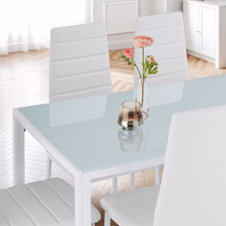 Set da pranzo moderno TecTake GmbH Brandenburg composto da tavolo rettangolare con piano in vetro e 7 sedie, colore bianco lucido, L: 150 cm, P: 75 cm, H: 70 cm