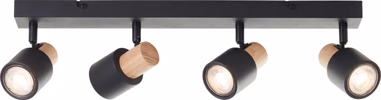 Brilliant Pini Faretto LED a 4 luci, dimmerabile con attacchi GU10, teste orientabili, nero / legno chiaro, 350 lumen, angolo di emissione 36°, per soggiorno, corridoio, camera da letto
