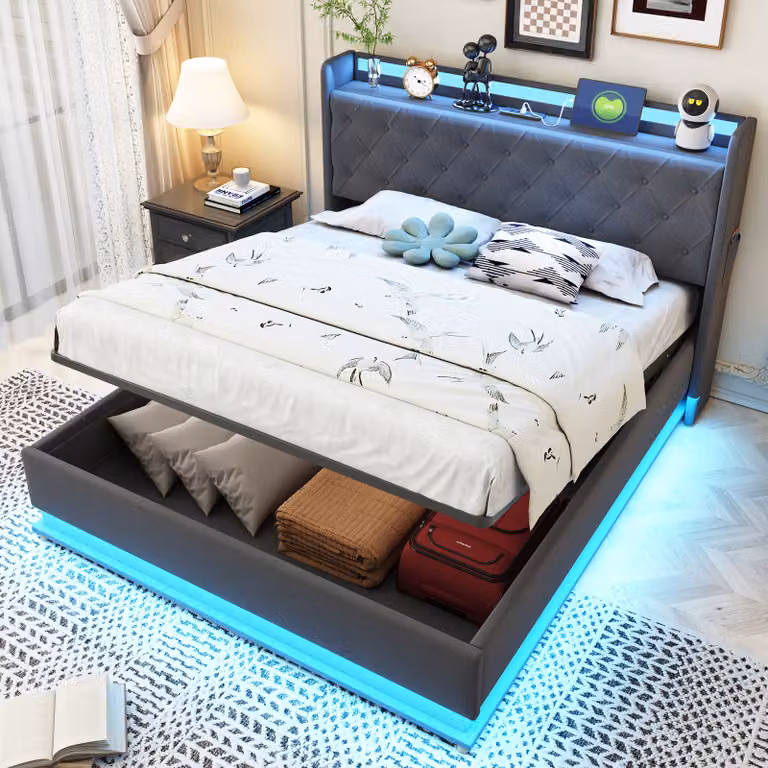 okwish Letto imbottito Letto matrimoniale 140x200cm con LED e USB, Letto boxspring idraulico con contenitore, Struttura a doghe e metallo, Lino (Senza materasso) - Grigio