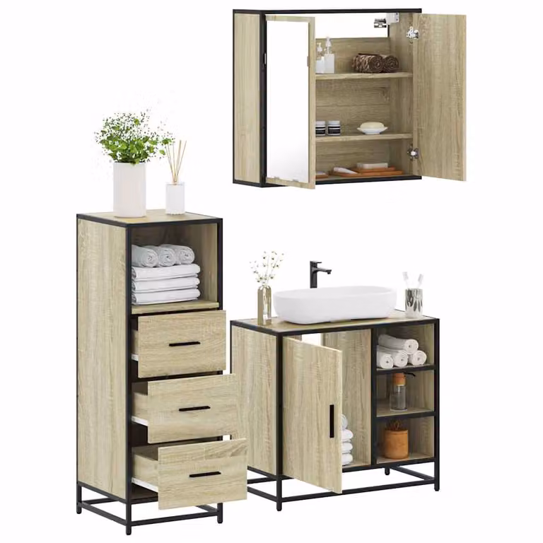 Set di mobili da bagno industrial vidaXL in legno e metallo, 3 pezzi, colore marrone rovere, composto da mobile lavabo, pensile con specchio e mobiletto laterale