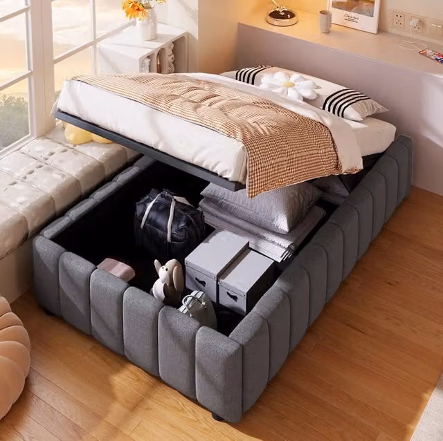 Letto singolo imbottito ULEVR 90x200 cm con contenitore idraulico, senza testiera, in lino grigio