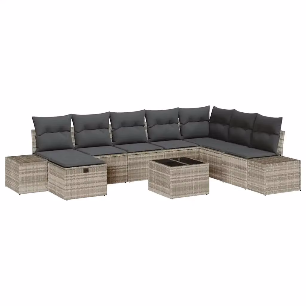 Set Divano da Giardino vidaXL 9 Pezzi a Forma di U in Polyrattan Grigio con Cuscini e Tavolino da Caffè – 2