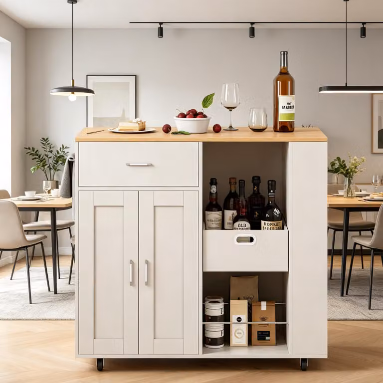Carrello da cucina con ruote, mobiletto da cucina con cassetti e ripiano aperto, isola da cucina con piano di lavoro e scaffale per vini, sala da pranzo, colore bianco
