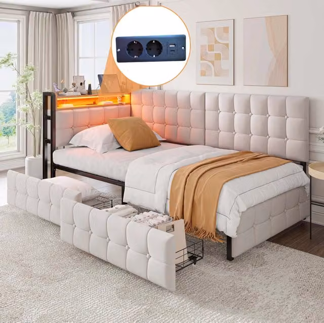 Divano letto in tessuto 90 x 200 cm con 2 cassetti; LED; USB e Type-C; beige