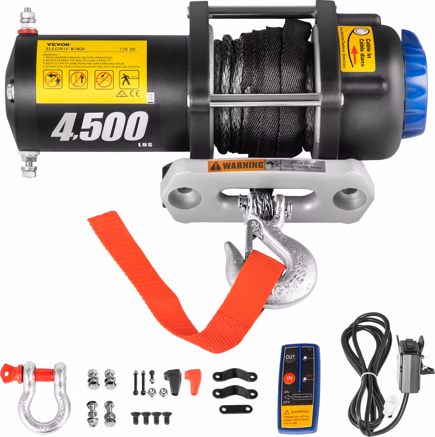 VEVOR Argano elettrico a fune 12 V Capacità di carico 2041 kg Motore da 2 KW con cavo sintetico da 13 m e 2 telecomandi per auto barche camion jeep veicoli trasformati rimorchi multiuso