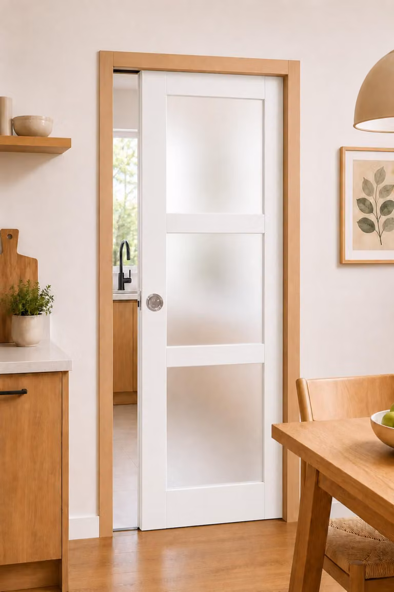 Porta scorrevole Kenya bianca con vetro H204 x L73 cm, incasso, kit finitura Gd Menuserie