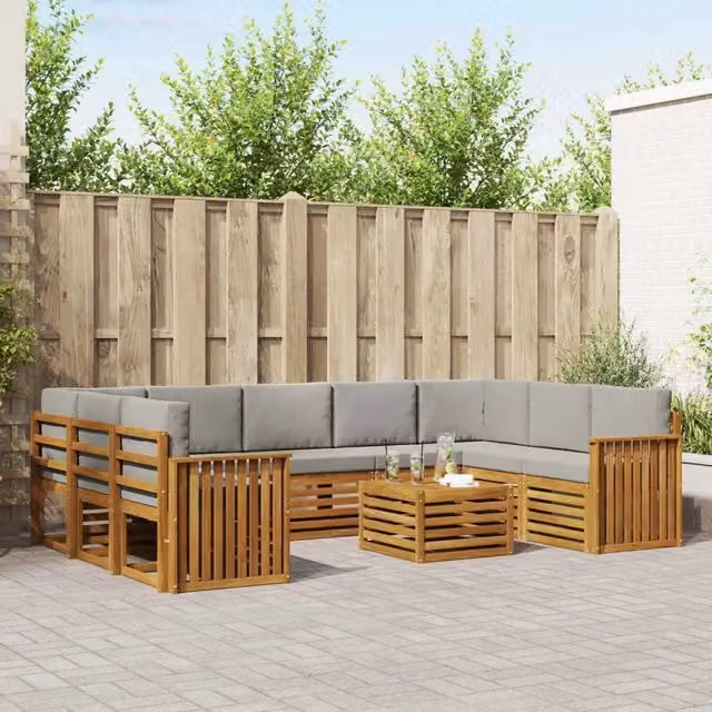 Set di divani da esterno a forma di U vidaXL in legno di acacia con cuscini beige e grigi e tavolino da caffè – 1