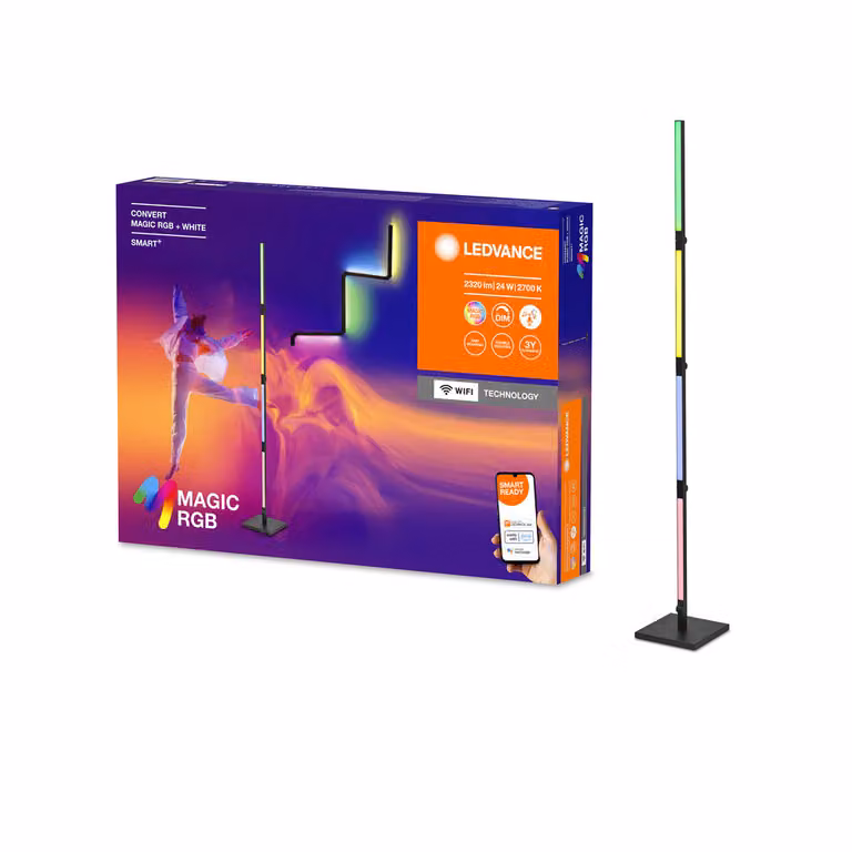 LEDVANCE SMART+ WIFI CONVERT lampada da parete e da terra, nera, 24W, 2320lm, luce bianca e colorata regolabile, dimmerabile, lunga durata, effetto luce Magic RGB dinamico, controllabile tramite app, 2700K - 6500K