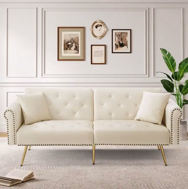 Divano letto 2 posti con schienali regolabili a 3 livelli; velluto beige; 147 x 85 cm