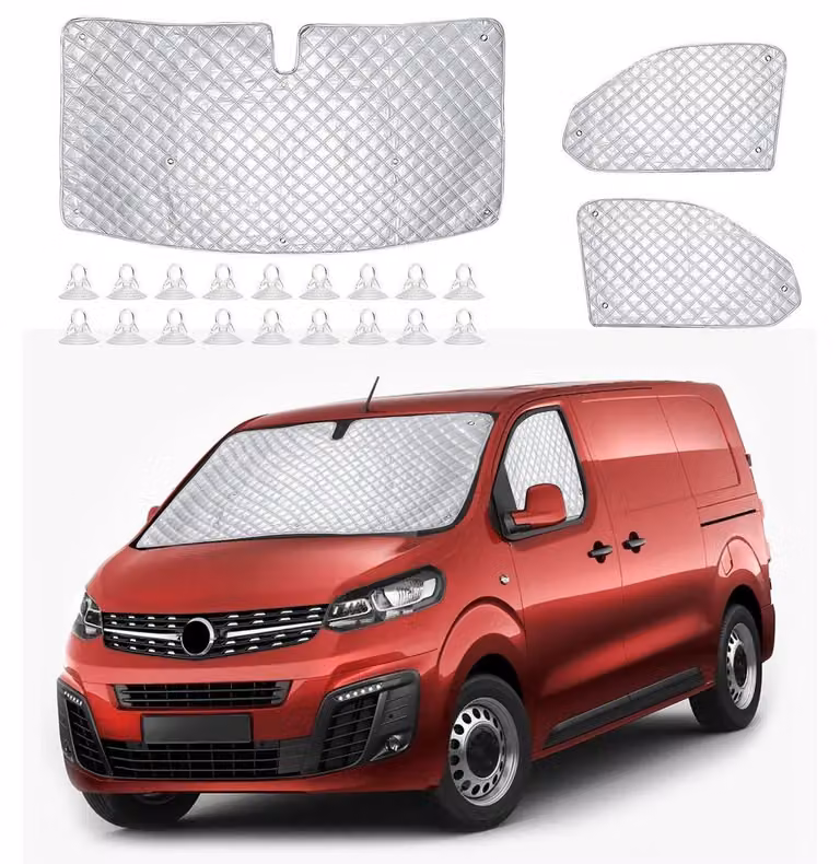 Copertura parasole per parabrezza Thermo, composta da 3 pezzi, compatibile con Vauxhall Vivaro dal 2019 al 2025, impermeabile, resistente ai raggi UV, pieghevole, colore argento