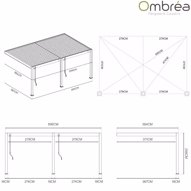 Pergola bioclimatica adossata Ombréa VS L: 600 cm, P: 400 cm, H: 255,8 cm - Antracite/bianco – 2