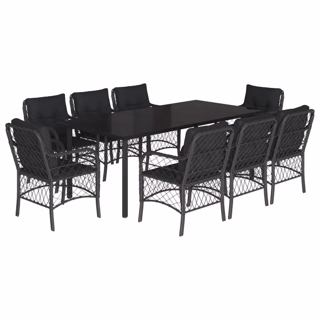 Set da pranzo da giardino vidaXL in polyrattan nero con cuscini e tavolo in vetro, 9 pezzi – 2