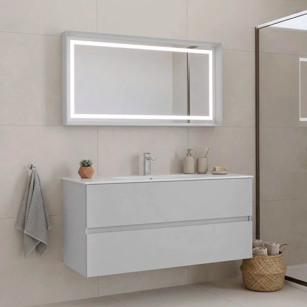 Set mobile lavabo con specchio Nest 121 v2 di HANAH HOME, colore Cashmere opaco, L: 121 cm, P: 51 cm, H: 55 cm – 2