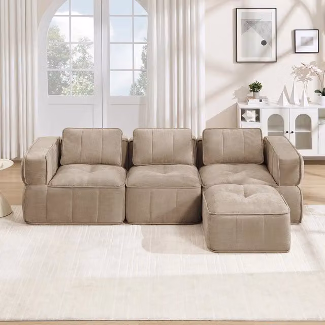Divano angolare 3 posti con poggiapiedi ¨C Minimal ¨C tessuto beige imbottito