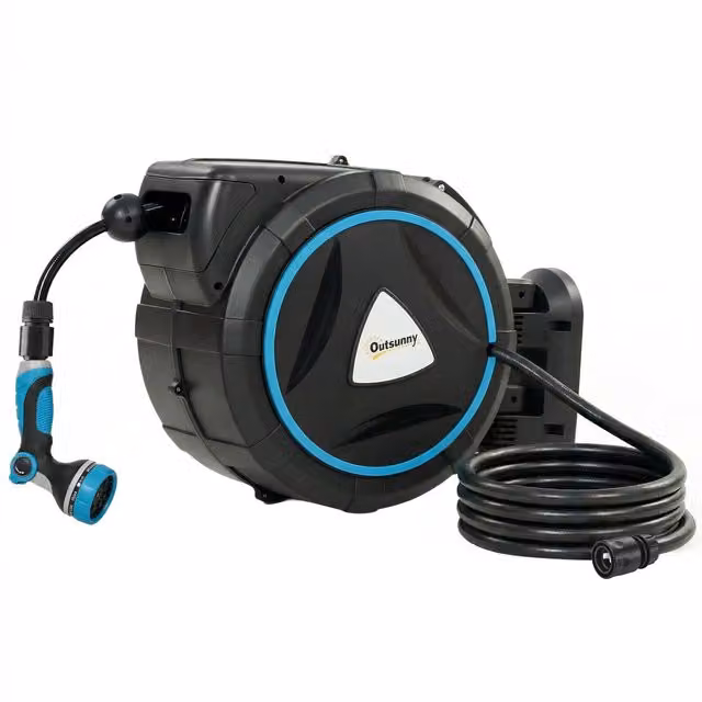 Avvolgitubo da parete automatico Outsunny con pistola di irrigazione, 23+2 m, 10+2 modalità, Blu, L/P/H: 55 x 31 x 50 cm – 1