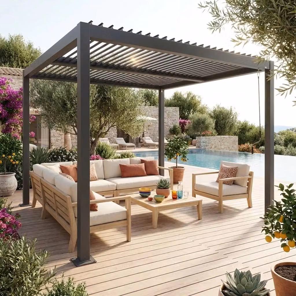 Pergola bioclimatica Sweeek in alluminio e acciaio zincato con lamelle orientabili, colore antracite, L/P: 300 x 300 cm – 2