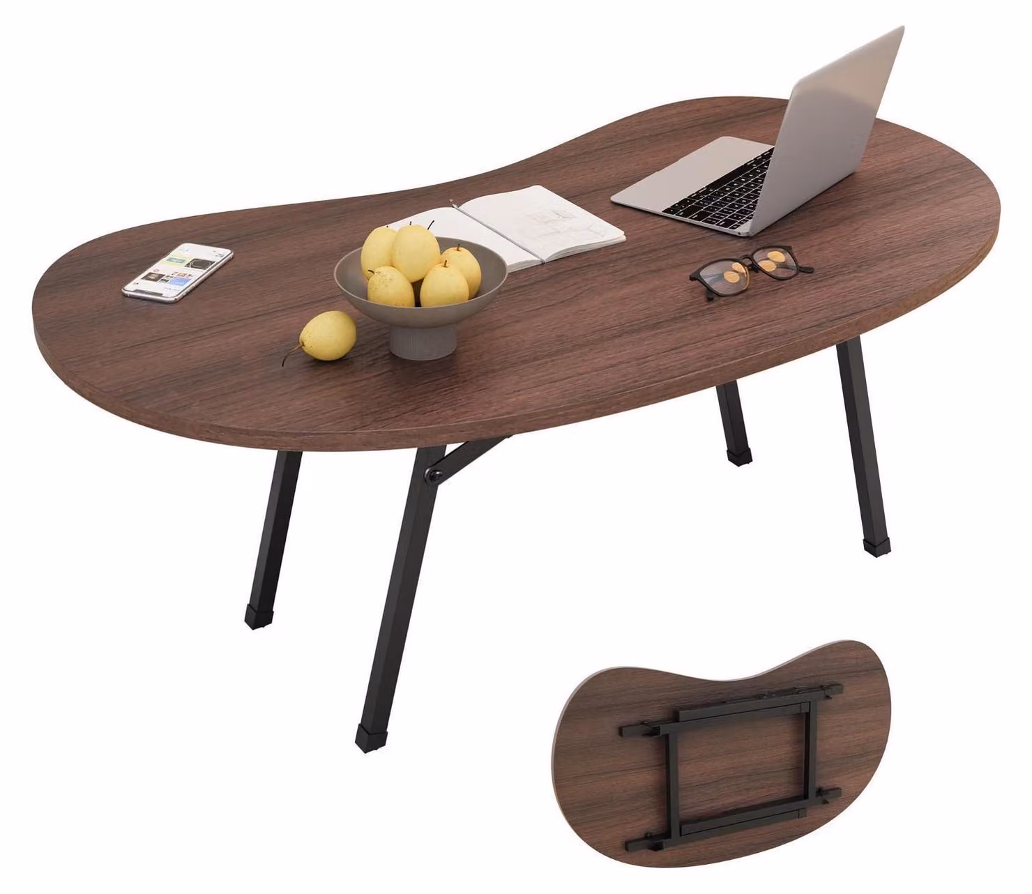 Tavolino da caffè ovale, pieghevole, in legno con finitura effetto noce, dimensioni 100x55x42 cm