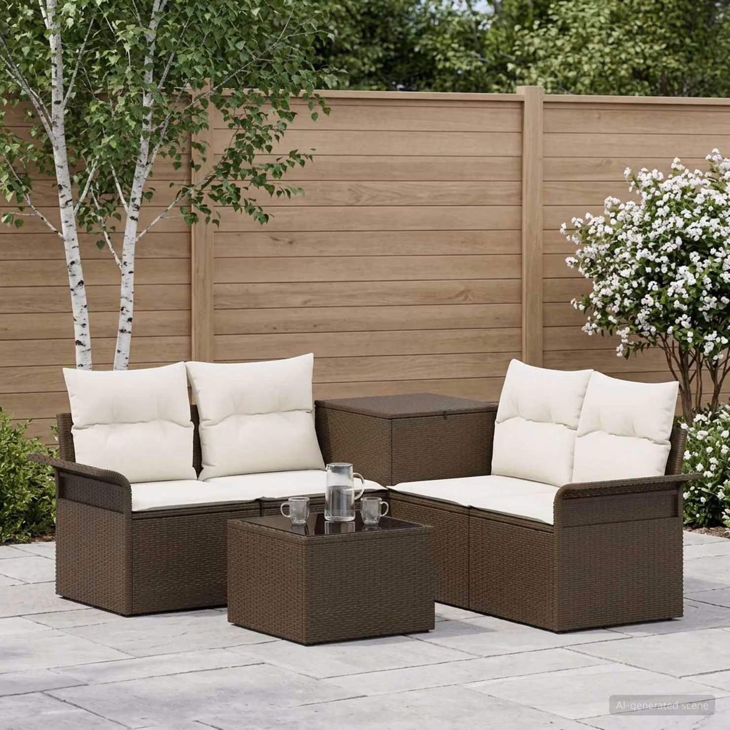 Set di divani da giardino vidaXL a forma di L composto da 6 pezzi con tavolino e pouf, colore marrone e bianco crema