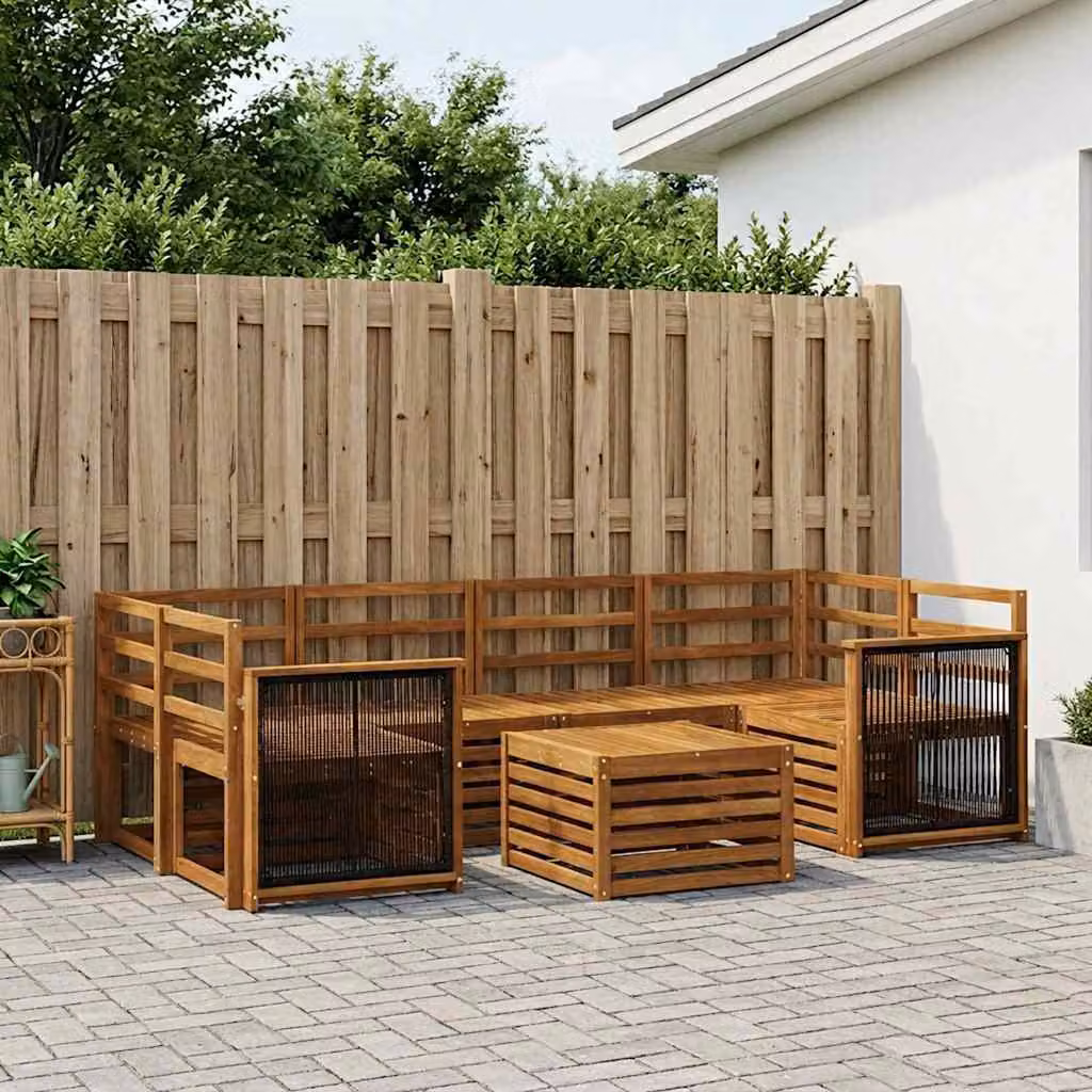 vidaXL Set di divani da esterno 7 pz in legno di acacia massello marrone con cuscini e tavolino da caffè a forma di U