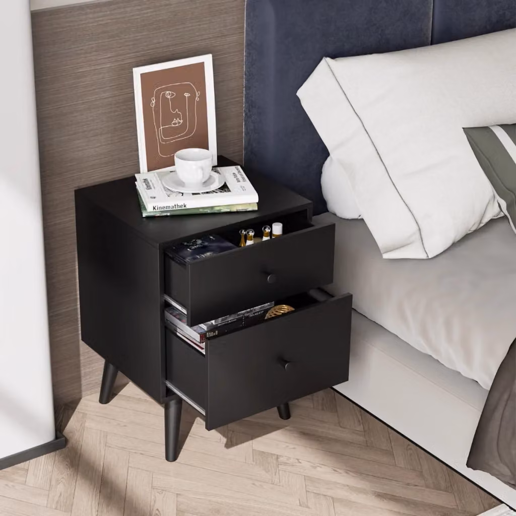 Comodino moderno con 2 cassetti e gambe in legno di gomma, colore nero opaco per camera da letto o soggiorno – 2