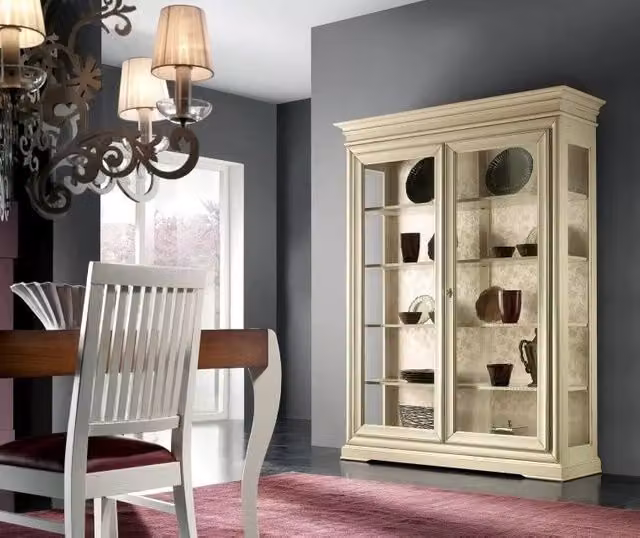 Vetrina shabby chic con 2 ante in vetro e ripiani interni in legno color avorio Mobili 2G L: 165 cm, P: 50 cm, H: 215 cm