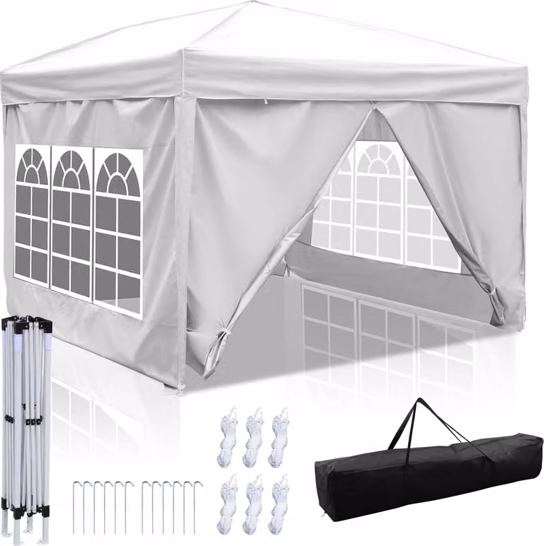 Gazebo pieghevole Izrielar 3x3 m impermeabile – Gazebo pieghevole con protezione UV 50+, tenda da giardino e tenda da festa con 4 lati, ideale per giardino, campeggio, matrimoni e spiaggia Bianco