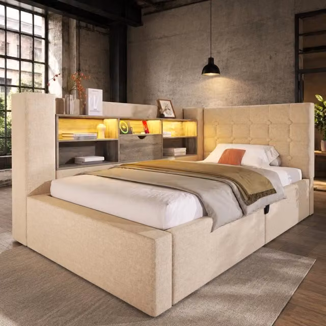 Letto singolo 90x190 cm con contenitore idraulico, testiera L reversibile, LED integrati e ricarica USB, tessuto lino beige (senza materasso)