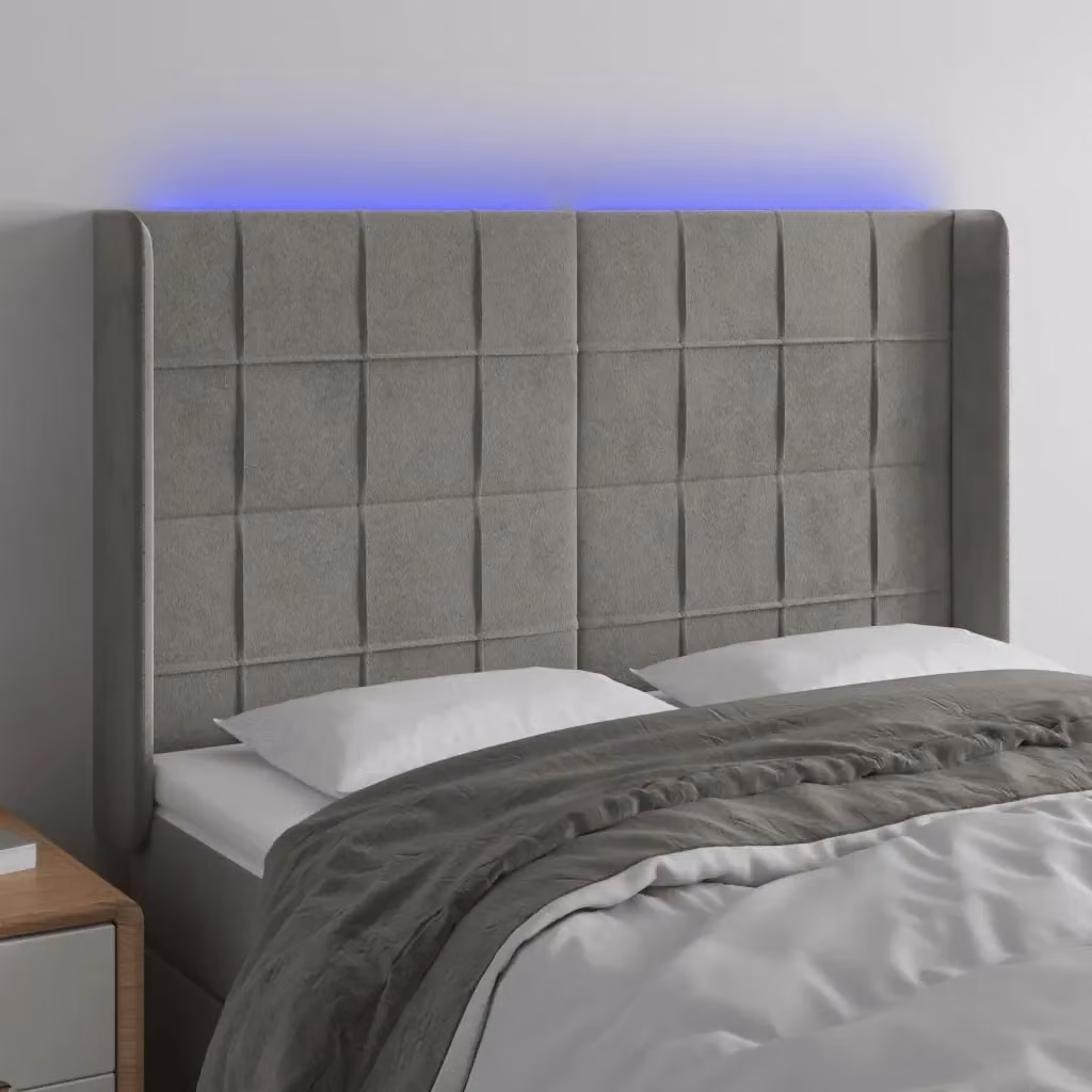 Testata del letto con illuminazione LED e porta di ricarica USB in velluto grigio chiaro L: 147 cm, P: 16 cm, H: 118/128 cm – 2