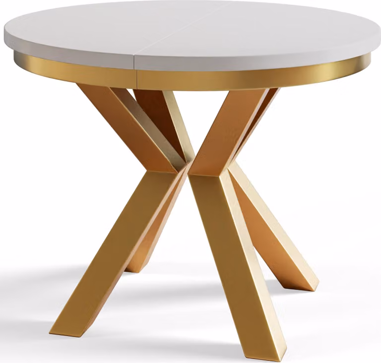 Tavolo rotondo per sala da pranzo LOFT, diametro tavolo allungabile: 100 cm/180 cm, colore tavolo da soggiorno: bianco, con gambe in metallo color oro