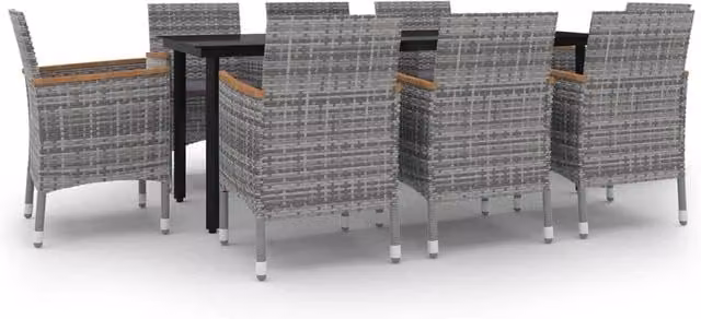 Set da pranzo da giardino moderno HELLOSHOP26 composto da 9 pezzi in resina intrecciata con tavolo in vetro grigio e cuscini