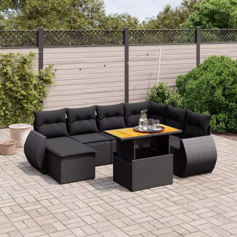 vidaXL Set Divani da Giardino a L con Cuscini 8 pz Nero in Polyrattan e Legno di Acacia