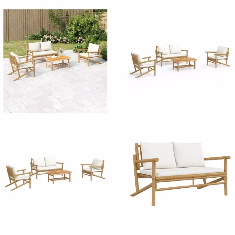vidaXL set salotto da giardino 4 pezzi con cuscini bianchi crema bambù - Set salotto da giardino - Set salotto da giardino - Set salotto - Set mobili da giardino