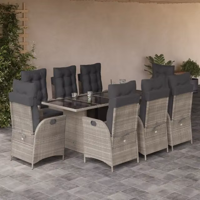 Set da pranzo da giardino vidaXL in polyrattan con piano in vetro, 9 pezzi, grigio antracite – 1